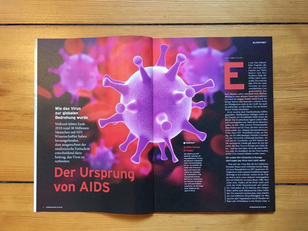 Foto der ersten Seite des Artikels "Der Ursprung von AIDS" in G/Geschichte 10/2019